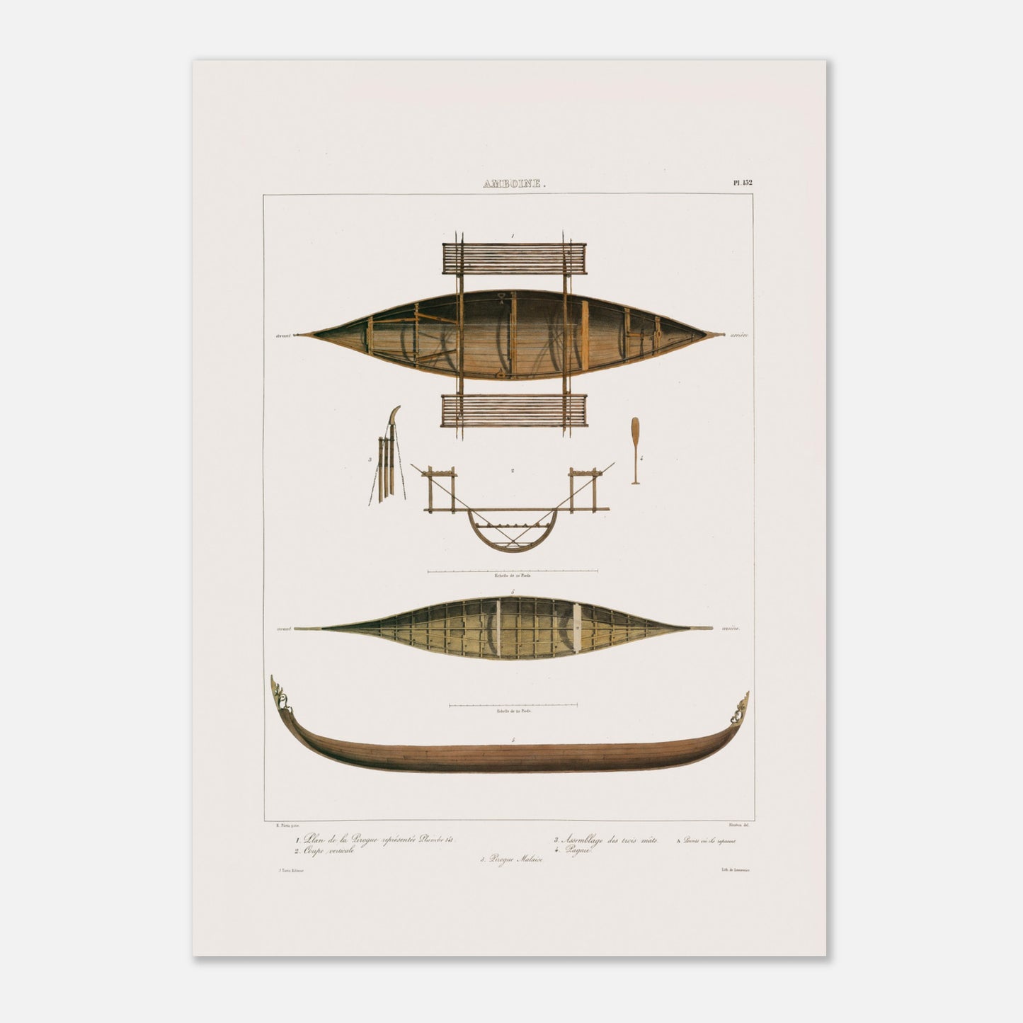 Planche technique : Bateaux de pêche d'Amboine, Moluques (29,7x42 cm (A3)). Gravure ancienne de pirogues d'Amboine aux Moluques, présentant des plans, coupes et une pirogue malaise, avec des détails de construction.