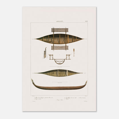 Planche technique : Bateaux de pêche d'Amboine, Moluques (29,7x42 cm (A3)). Gravure ancienne de pirogues d'Amboine aux Moluques, présentant des plans, coupes et une pirogue malaise, avec des détails de construction.