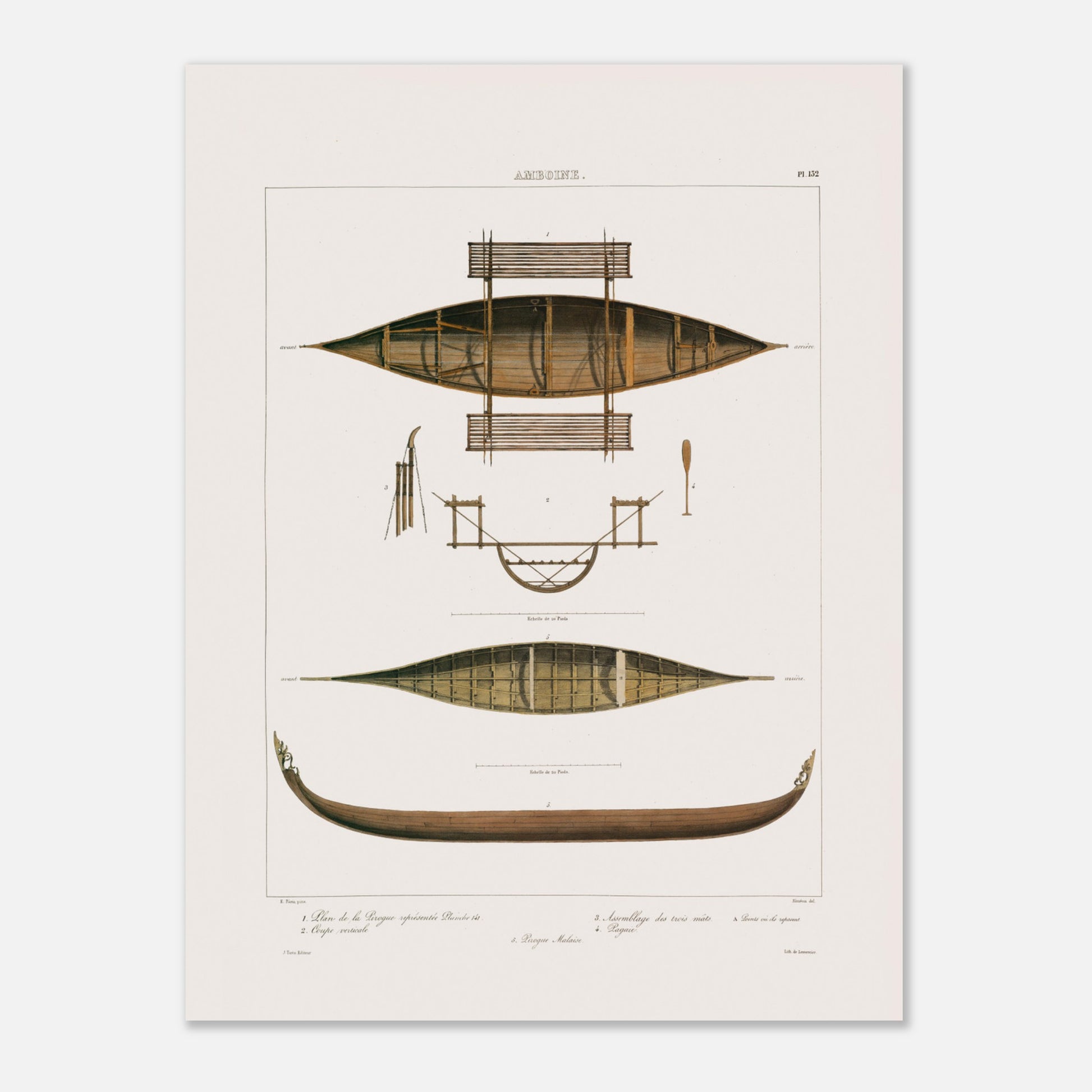 Planche technique : Bateaux de pêche d'Amboine, Moluques (30x40 cm). Gravure ancienne de pirogues d'Amboine aux Moluques, présentant des plans, coupes et une pirogue malaise, avec des détails de construction.