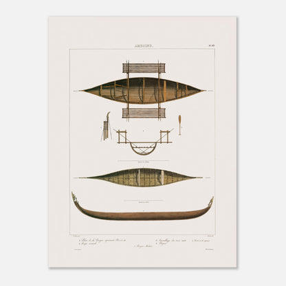 Planche technique : Bateaux de pêche d'Amboine, Moluques (30x40 cm). Gravure ancienne de pirogues d'Amboine aux Moluques, présentant des plans, coupes et une pirogue malaise, avec des détails de construction.