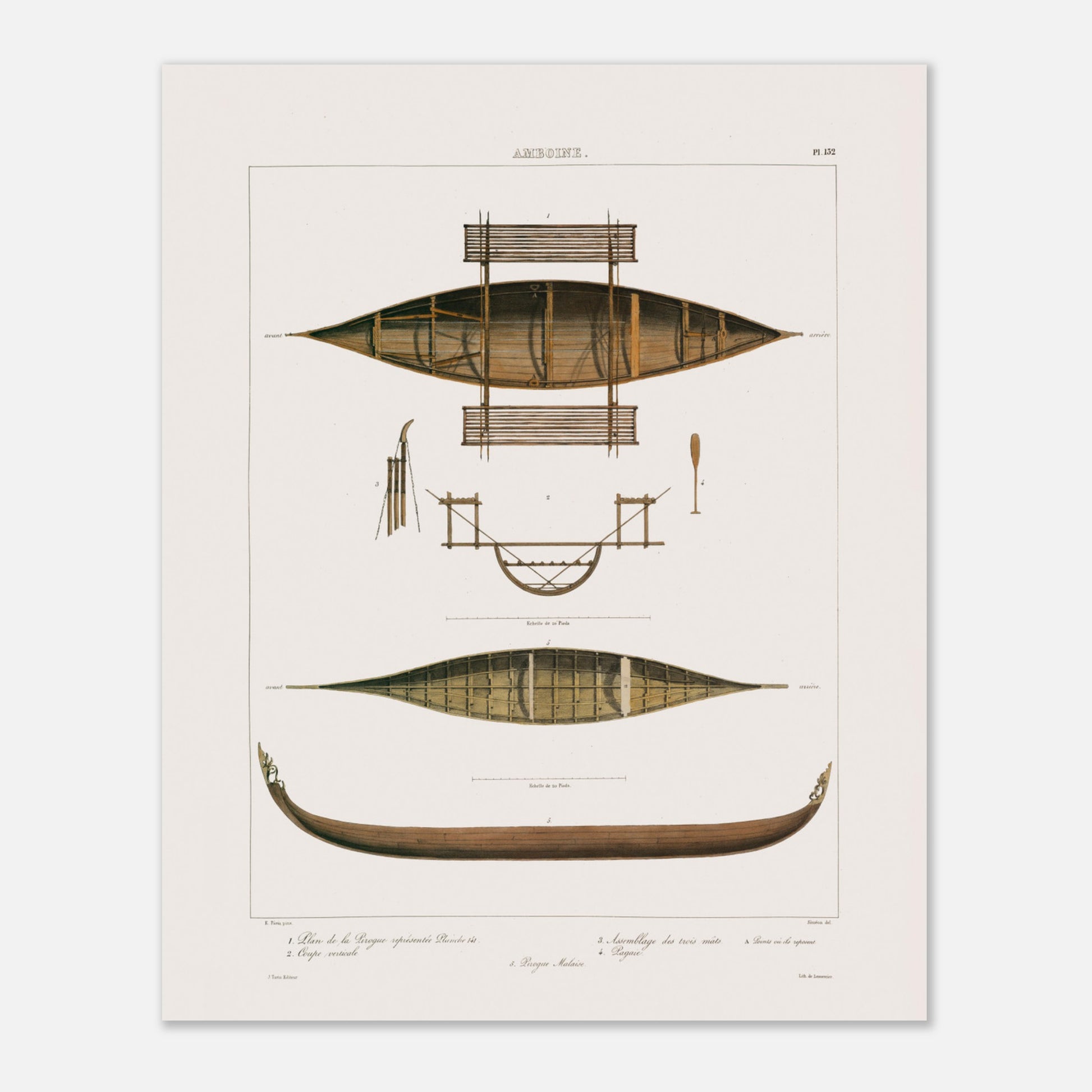 Planche technique : Bateaux de pêche d'Amboine, Moluques (40x50 cm). Gravure ancienne de pirogues d'Amboine aux Moluques, présentant des plans, coupes et une pirogue malaise, avec des détails de construction.