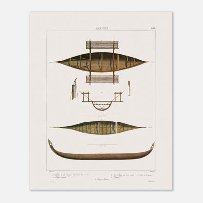 Planche technique : Bateaux de pêche d'Amboine, Moluques (40x50 cm). Gravure ancienne de pirogues d'Amboine aux Moluques, présentant des plans, coupes et une pirogue malaise, avec des détails de construction.