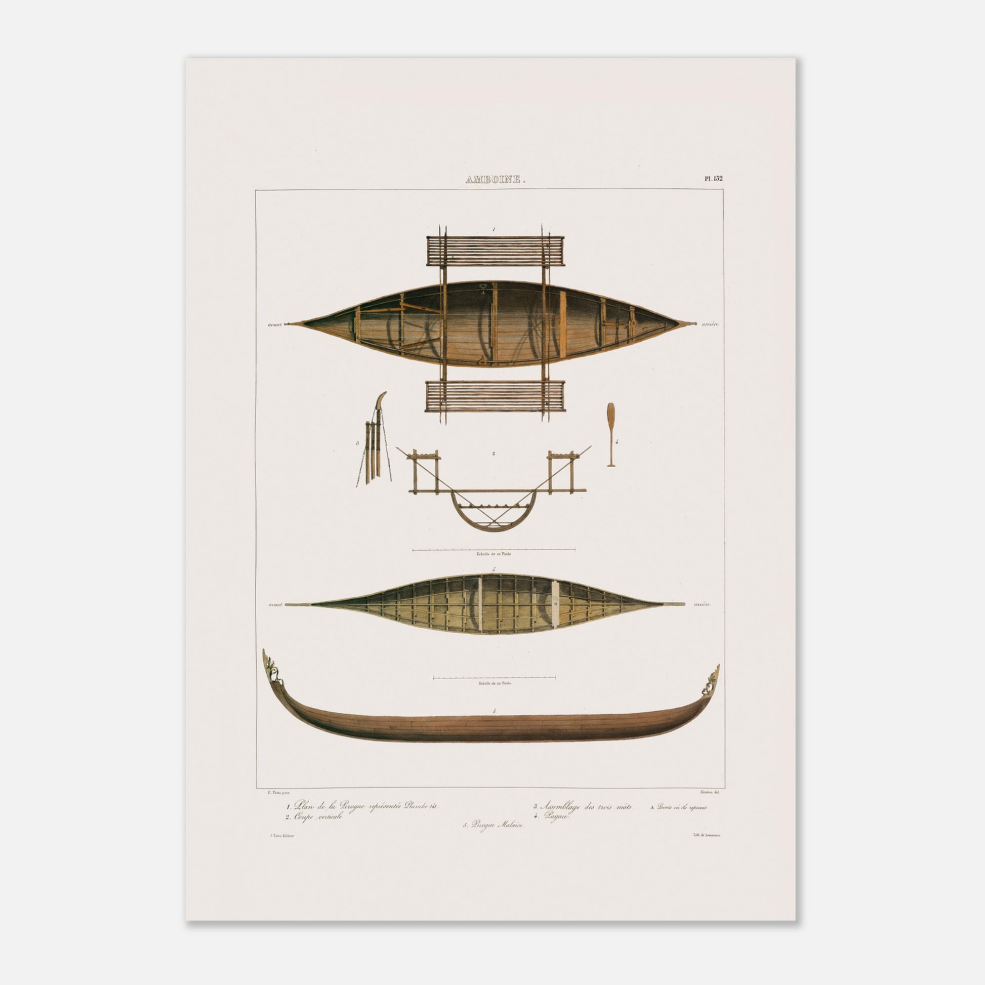 Planche technique : Bateaux de pêche d'Amboine, Moluques (42x59,4 cm (A2)). Gravure ancienne de pirogues d'Amboine aux Moluques, présentant des plans, coupes et une pirogue malaise, avec des détails de construction.