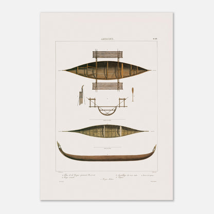 Planche technique : Bateaux de pêche d'Amboine, Moluques (42x59,4 cm (A2)). Gravure ancienne de pirogues d'Amboine aux Moluques, présentant des plans, coupes et une pirogue malaise, avec des détails de construction.