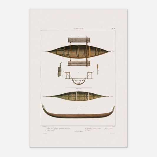 Planche technique : Bateaux de pêche d'Amboine, Moluques (42x59,4 cm (A2)). Gravure ancienne de pirogues d'Amboine aux Moluques, présentant des plans, coupes et une pirogue malaise, avec des détails de construction.