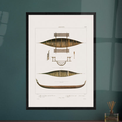 Planche technique : Bateaux de pêche d'Amboine, Moluques. Gravure ancienne de pirogues d'Amboine aux Moluques, présentant des plans, coupes et une pirogue malaise, avec des détails de construction. Image d'illustration 5