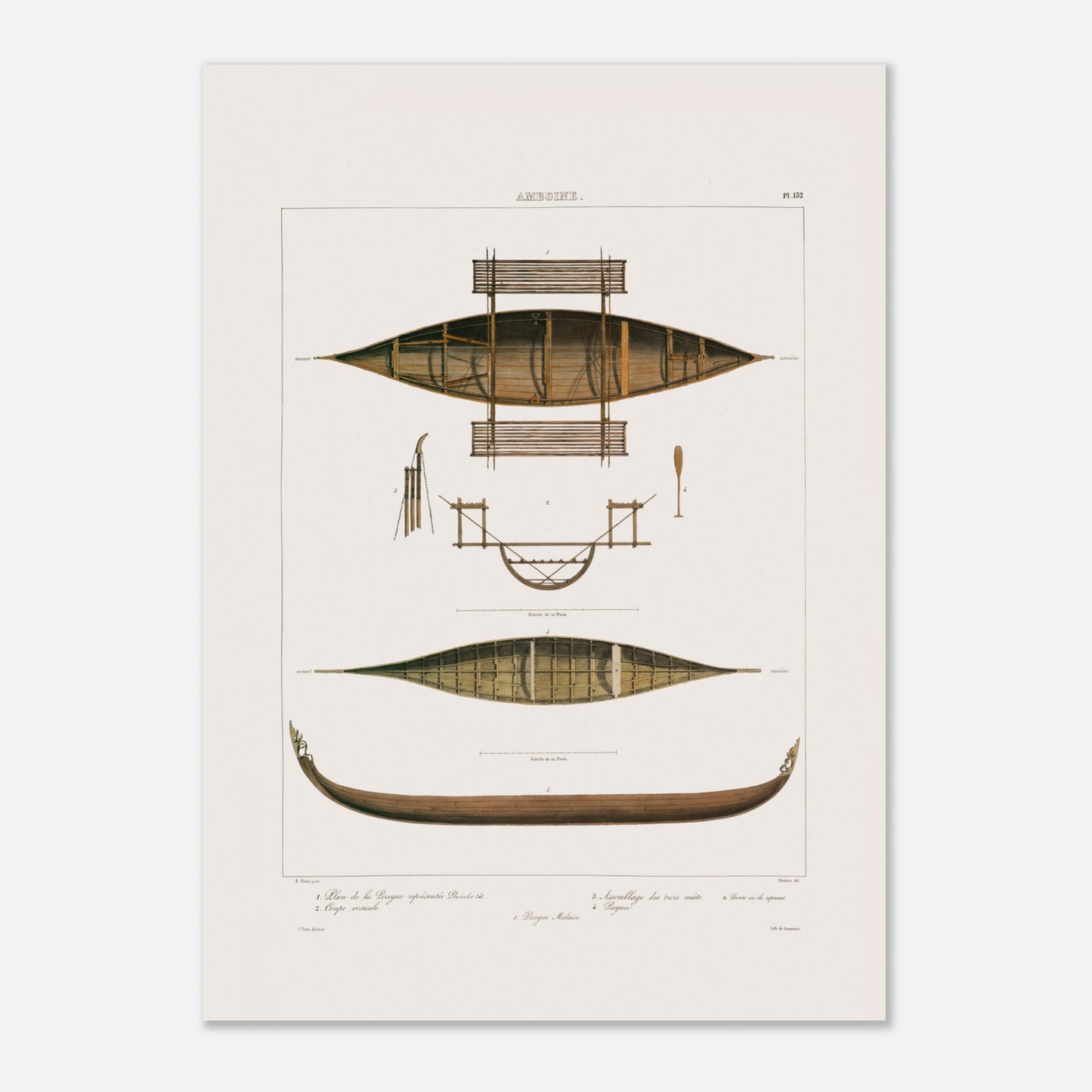 Planche technique : Bateaux de pêche d'Amboine, Moluques (50x70 cm). Gravure ancienne de pirogues d'Amboine aux Moluques, présentant des plans, coupes et une pirogue malaise, avec des détails de construction.