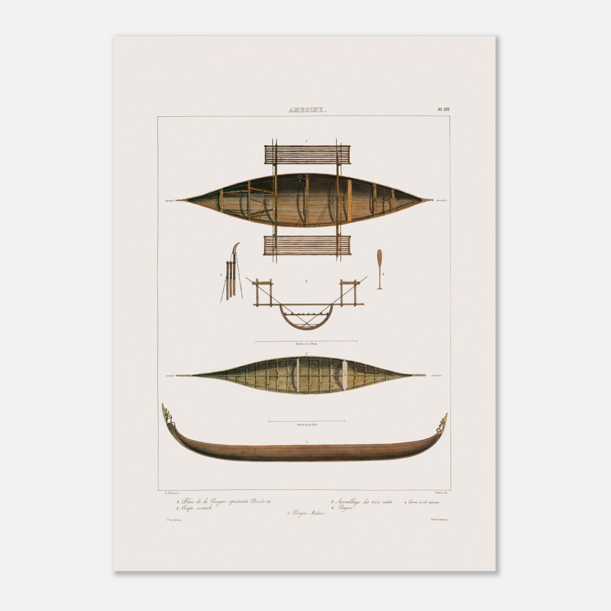 Planche technique : Bateaux de pêche d'Amboine, Moluques (50x70 cm). Gravure ancienne de pirogues d'Amboine aux Moluques, présentant des plans, coupes et une pirogue malaise, avec des détails de construction.