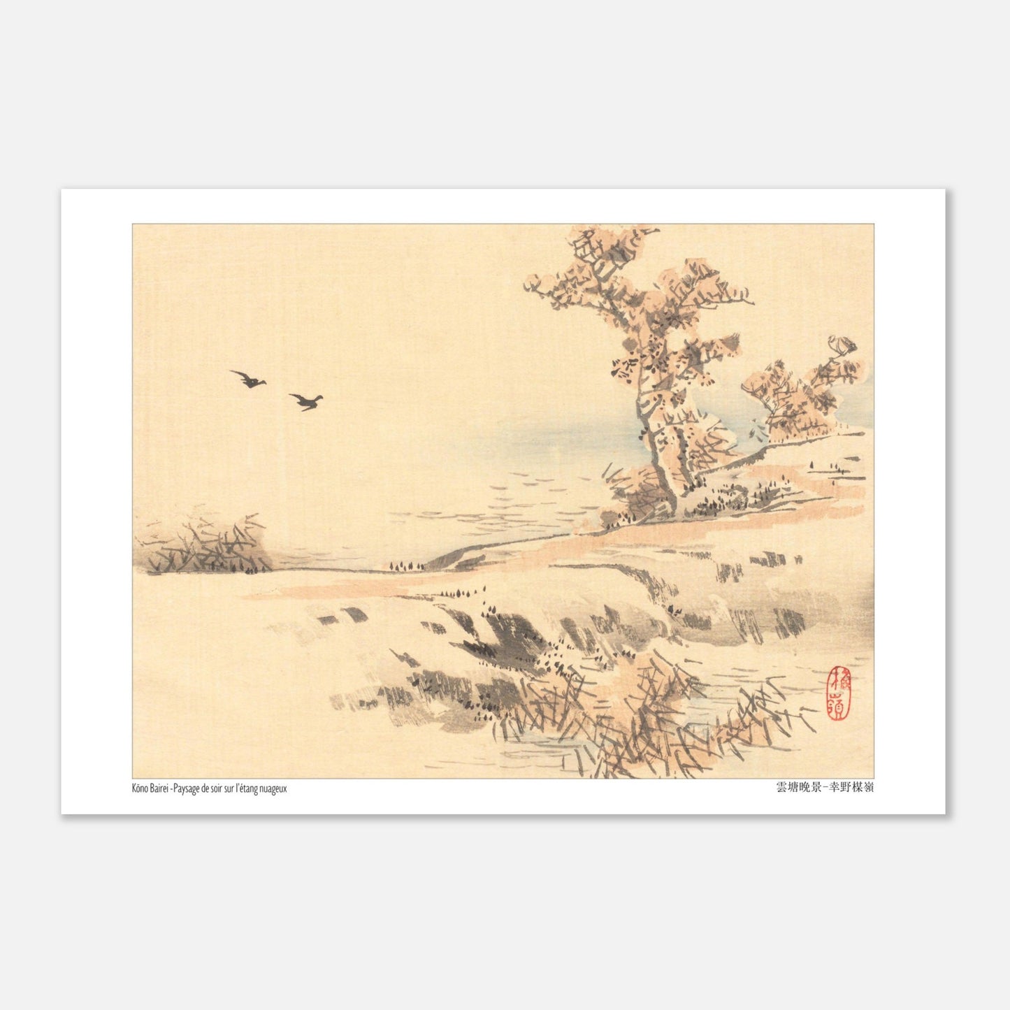Illustration botanique de Ketmie jaune par Kōno Bairei (21x29,7 cm (A4)). Une ketmie jaune ouverte, avec deux bourgeons et des feuilles vertes, sur une branche, dans le style d'une illustration botanique japonaise.