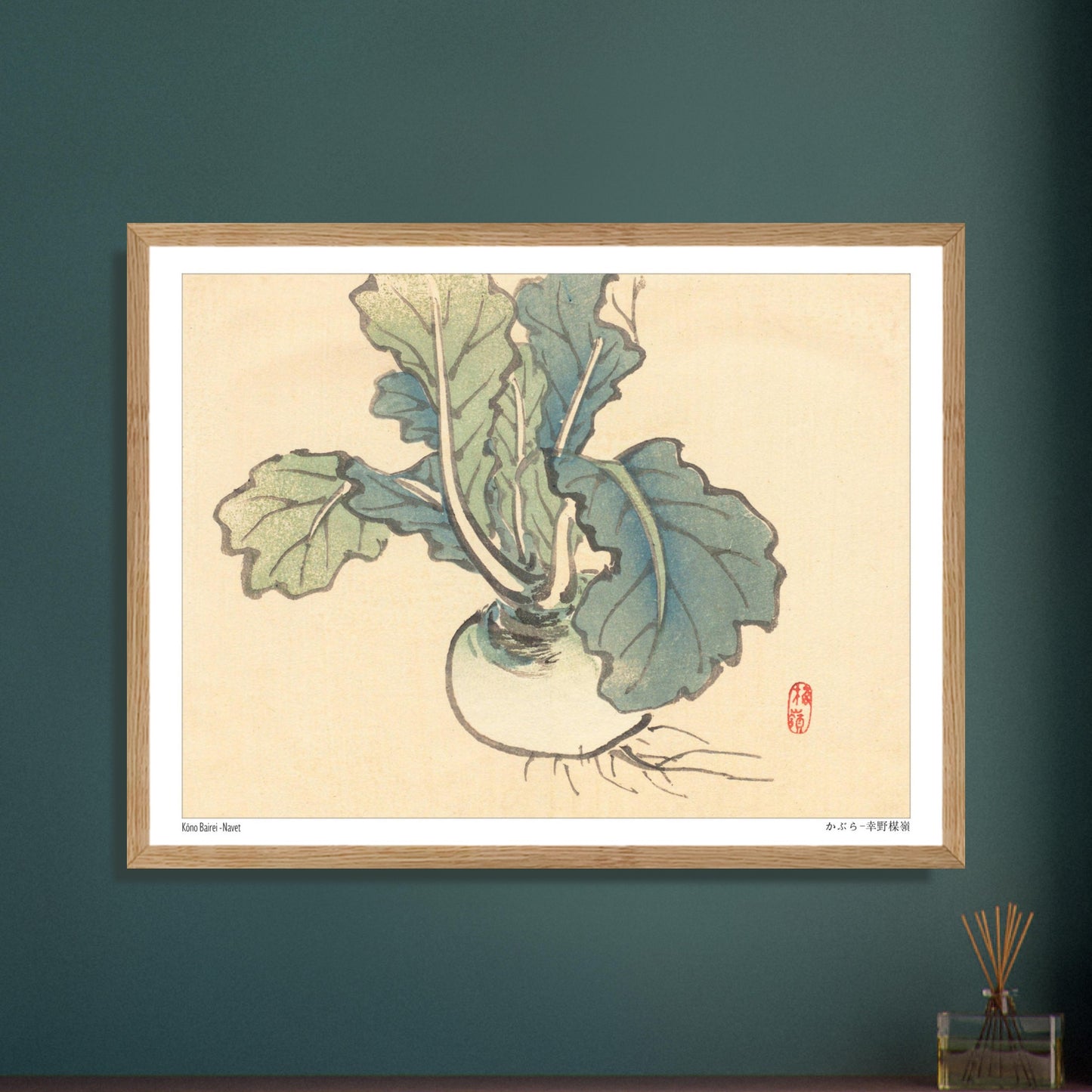 Planche botanique d'un Navet par l'artiste japonais Kōno Bairei. Illustration botanique d'un navet aux feuilles vertes et à la racine blanche, dessinée par Kōno Bairei sur fond beige. Image d'illustration 6