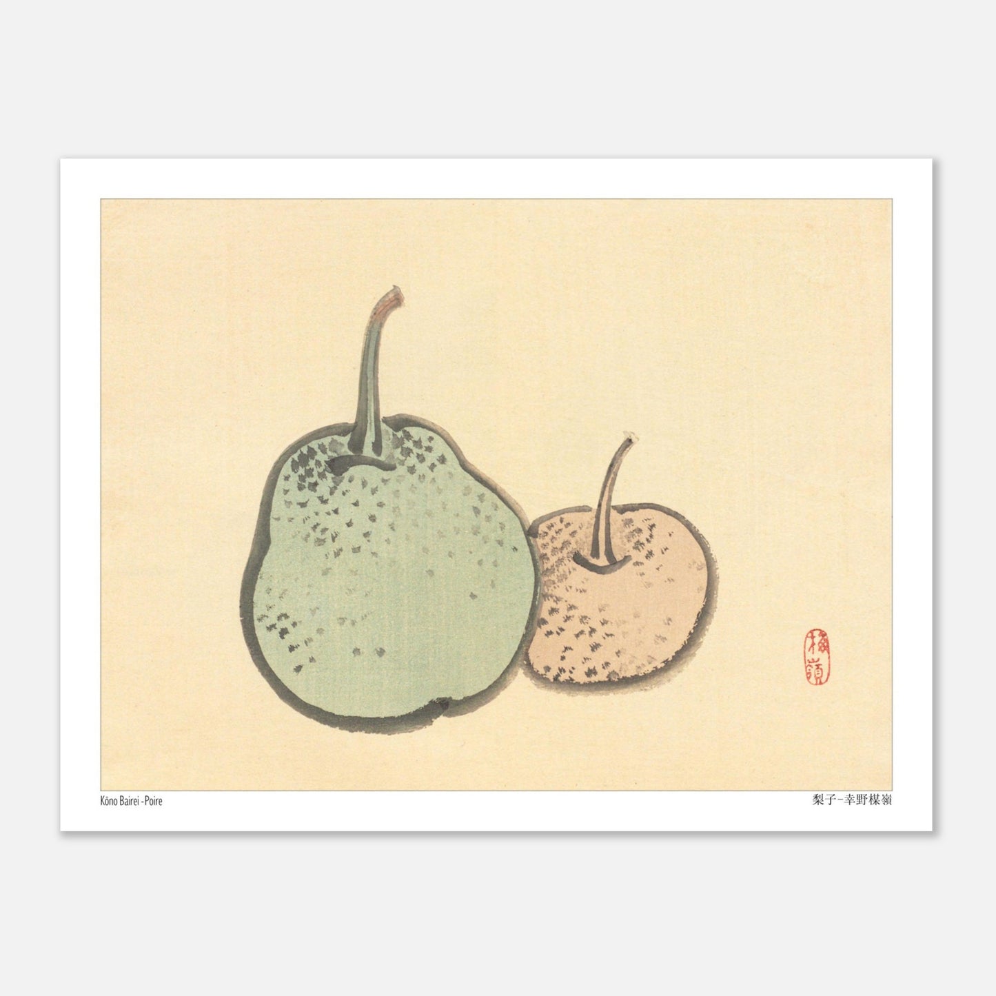 Planche botanique de poires, illustration japonaise de Kōno Bairei (27x35 cm). Illustration naturaliste de Kōno Bairei représentant deux poires, l'une plus grande et verte, l'autre plus petite et rosée, sur fond beige.