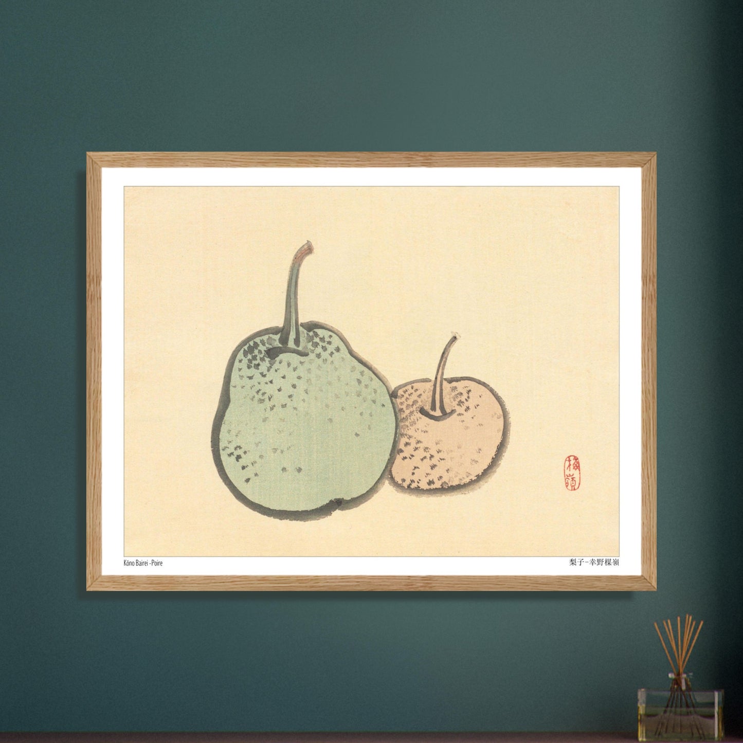 Planche botanique de poires, illustration japonaise de Kōno Bairei. Illustration naturaliste de Kōno Bairei représentant deux poires, l'une plus grande et verte, l'autre plus petite et rosée, sur fond beige. Image d'illustration 5