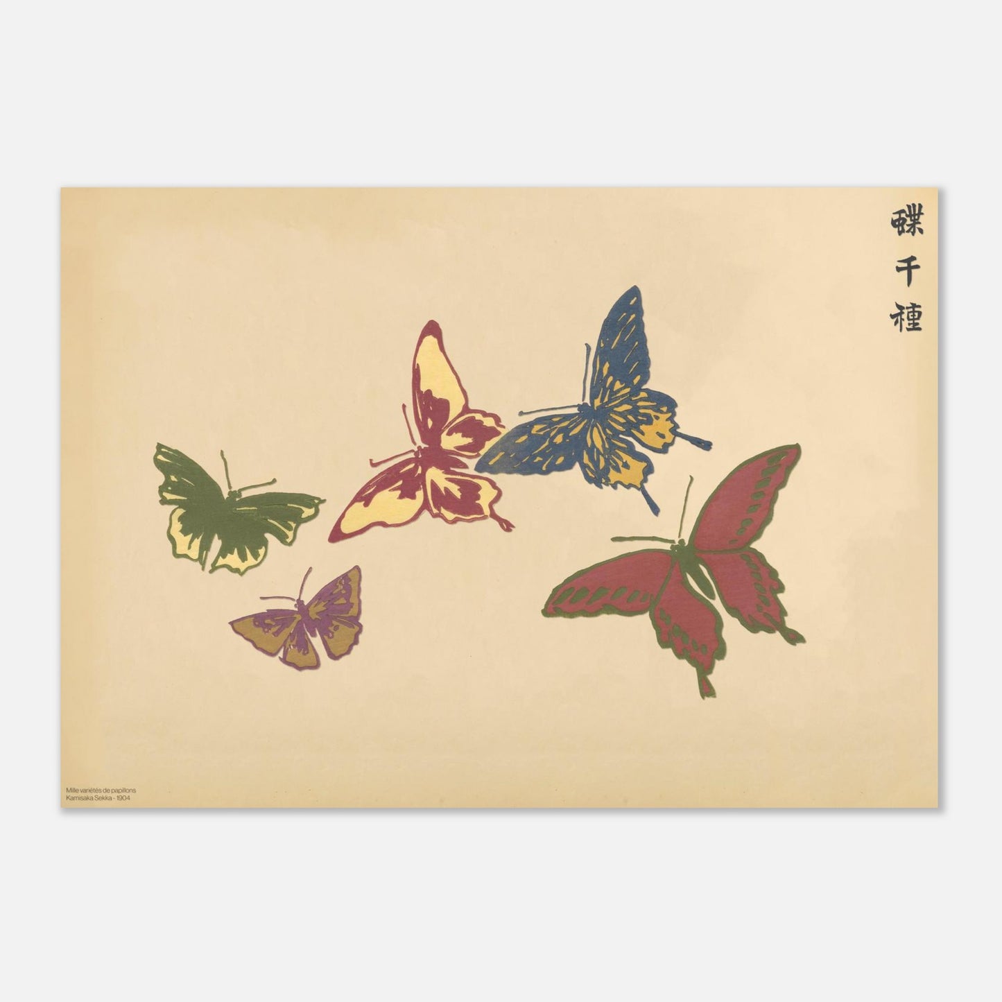 Planche de cinq papillons multicolores — Chō senshu de Kamisaka Sekka (29,7x42 cm (A3)). Planche naturaliste de cinq papillons aux couleurs vives, jaune, rouge, bleu et vert, sur un fond beige.