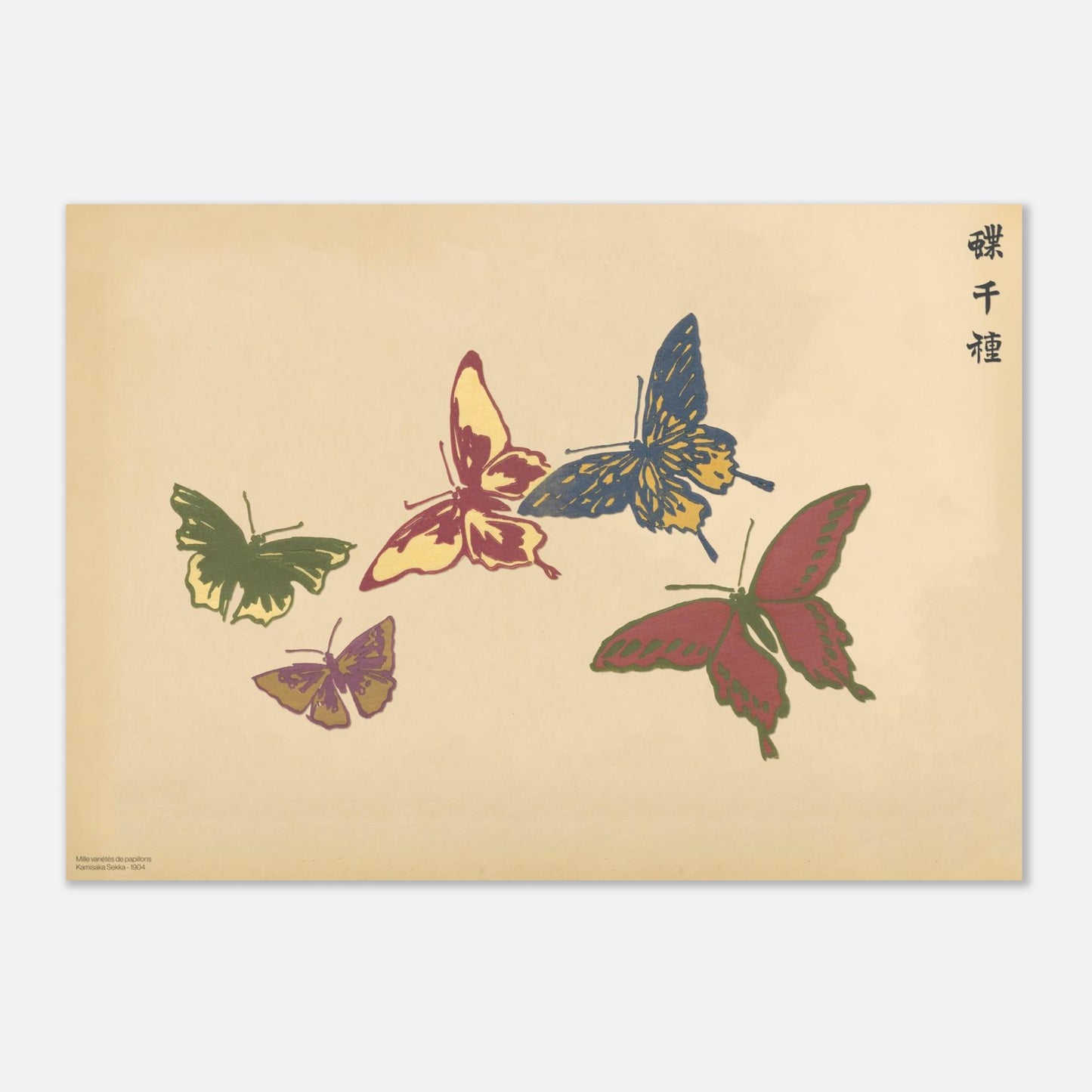 Planche de cinq papillons multicolores — Chō senshu de Kamisaka Sekka (42x59,4 cm (A2)). Planche naturaliste de cinq papillons aux couleurs vives, jaune, rouge, bleu et vert, sur un fond beige.