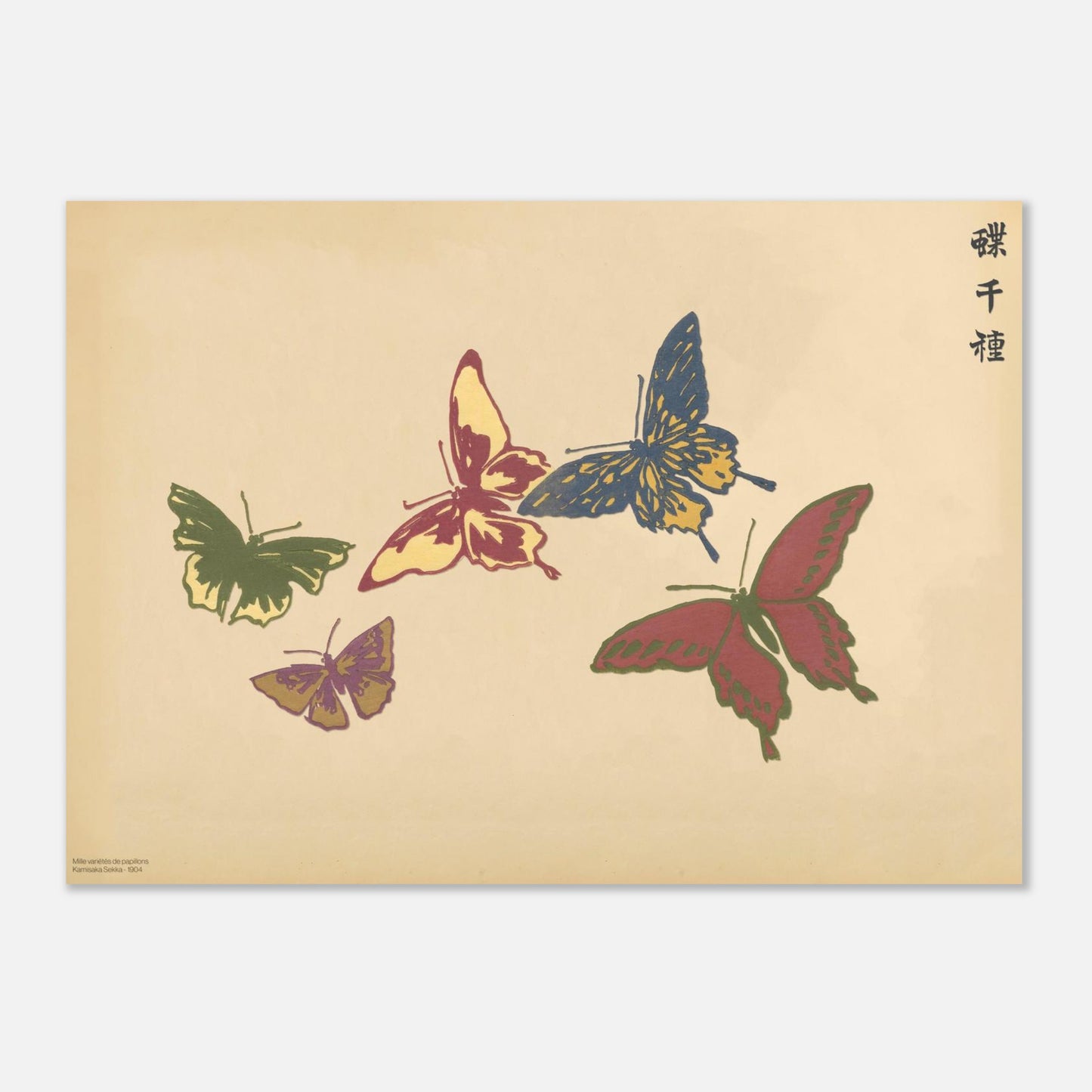 Planche de cinq papillons multicolores — Chō senshu de Kamisaka Sekka (50x70 cm). Planche naturaliste de cinq papillons aux couleurs vives, jaune, rouge, bleu et vert, sur un fond beige.