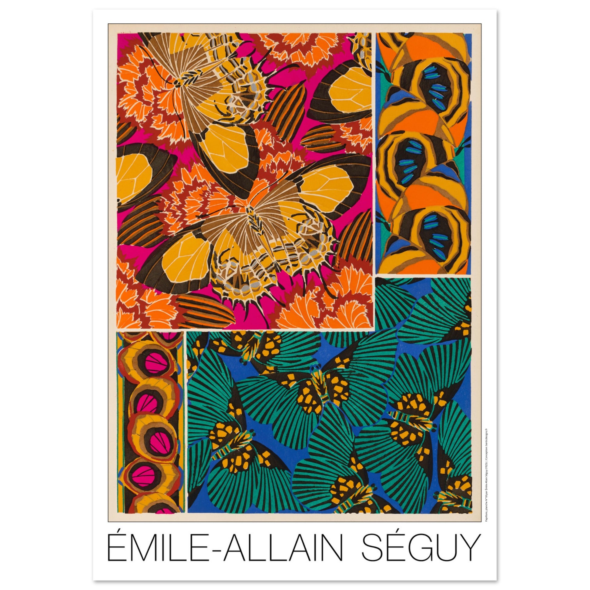Planche d corative de papillons et motifs floraux, E.A. S guy (29,7x42 cm (A3)). Affiche d'Émile-Allain Séguy présentant une composition artistique de motifs de papillons et de fleurs dans des tons vifs d'orange, rose, jaune, vert et bleu.