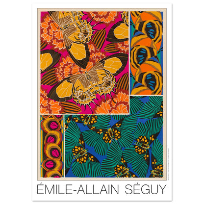 Planche d corative de papillons et motifs floraux, E.A. S guy (29,7x42 cm (A3)). Affiche d'Émile-Allain Séguy présentant une composition artistique de motifs de papillons et de fleurs dans des tons vifs d'orange, rose, jaune, vert et bleu.