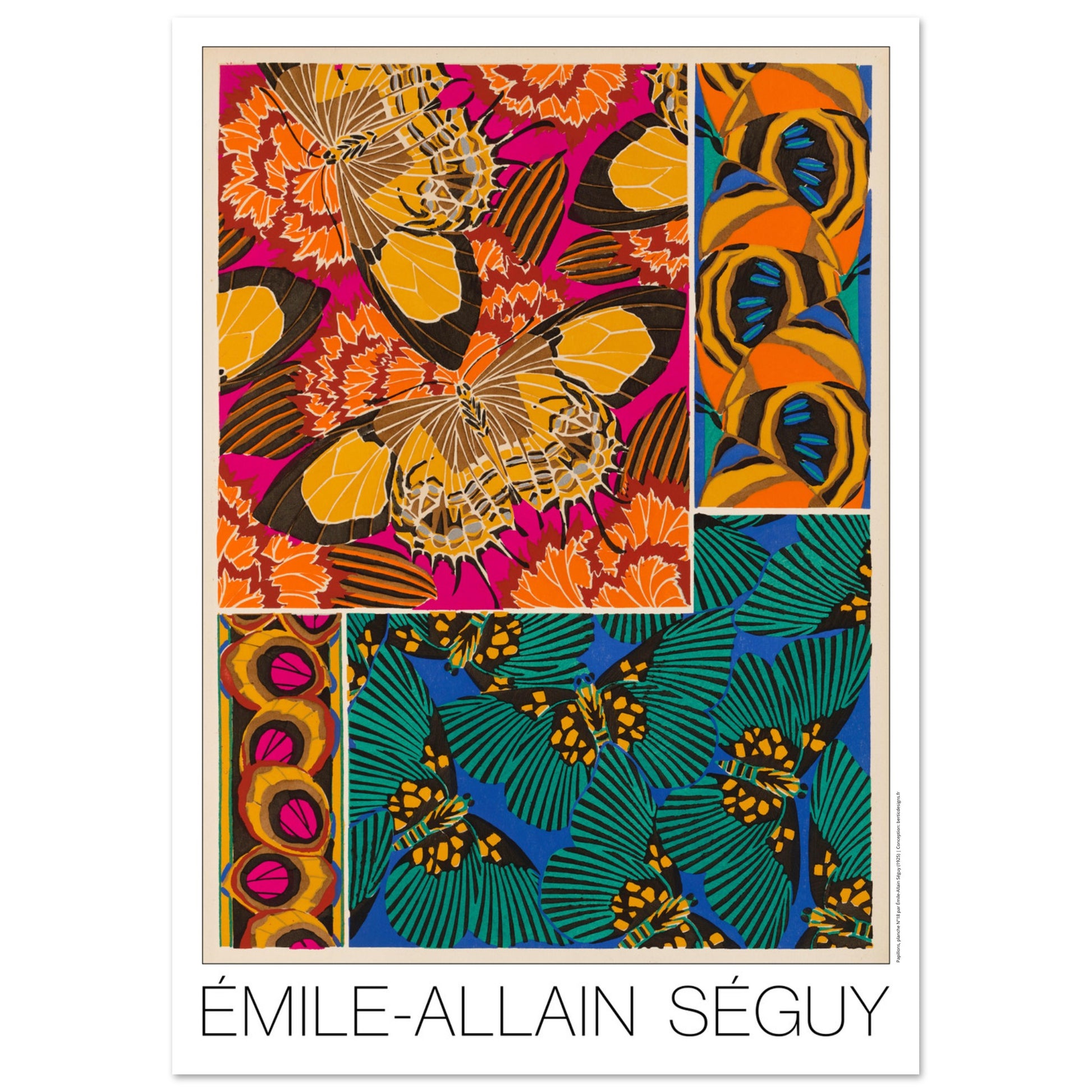 Planche d corative de papillons et motifs floraux, E.A. S guy (42x59,4 cm (A2)). Affiche d'Émile-Allain Séguy présentant une composition artistique de motifs de papillons et de fleurs dans des tons vifs d'orange, rose, jaune, vert et bleu.
