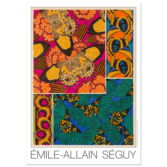 Planche d corative de papillons et motifs floraux, E.A. S guy (42x59,4 cm (A2)). Affiche d'Émile-Allain Séguy présentant une composition artistique de motifs de papillons et de fleurs dans des tons vifs d'orange, rose, jaune, vert et bleu.