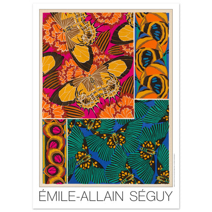 Planche d corative de papillons et motifs floraux, E.A. S guy (50x70 cm). Affiche d'Émile-Allain Séguy présentant une composition artistique de motifs de papillons et de fleurs dans des tons vifs d'orange, rose, jaune, vert et bleu.