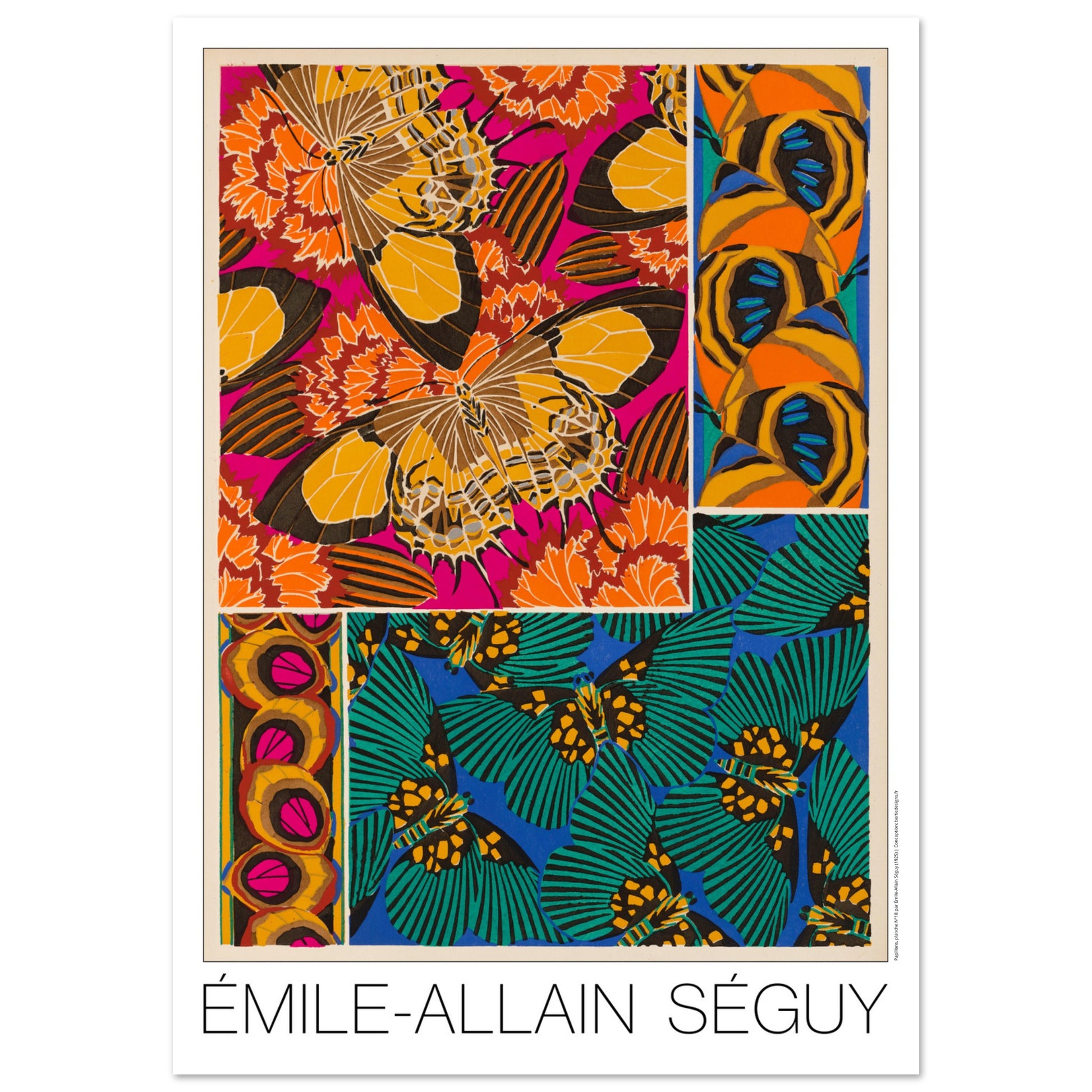 Planche d corative de papillons et motifs floraux, E.A. S guy (59,4x84,1 cm (A1)). Affiche d'Émile-Allain Séguy présentant une composition artistique de motifs de papillons et de fleurs dans des tons vifs d'orange, rose, jaune, vert et bleu.