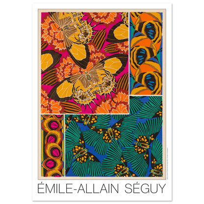 Planche d corative de papillons et motifs floraux, E.A. S guy (59,4x84,1 cm (A1)). Affiche d'Émile-Allain Séguy présentant une composition artistique de motifs de papillons et de fleurs dans des tons vifs d'orange, rose, jaune, vert et bleu.