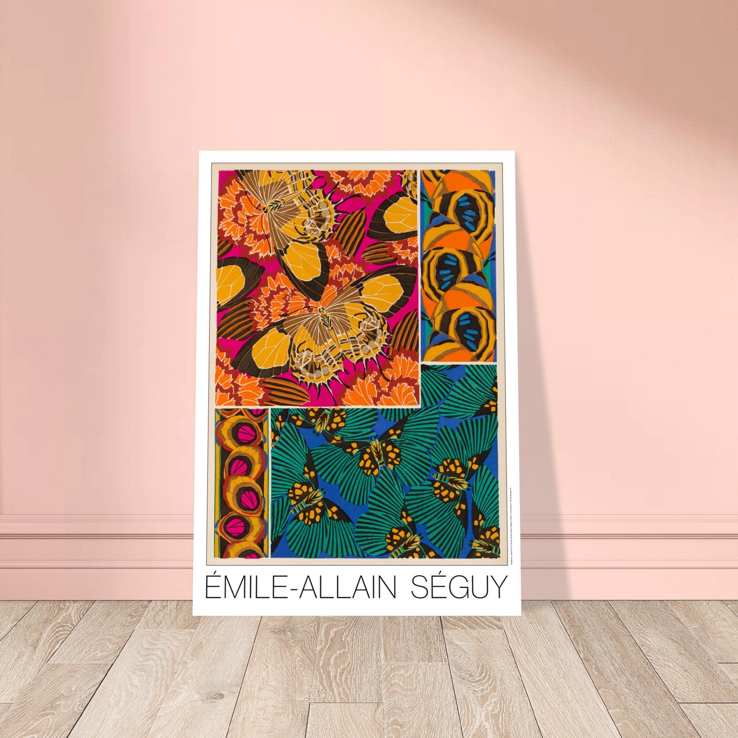 Planche d corative de papillons et motifs floraux, E.A. S guy. Affiche d'Émile-Allain Séguy présentant une composition artistique de motifs de papillons et de fleurs dans des tons vifs d'orange, rose, jaune, vert et bleu. Image d'illustration 8