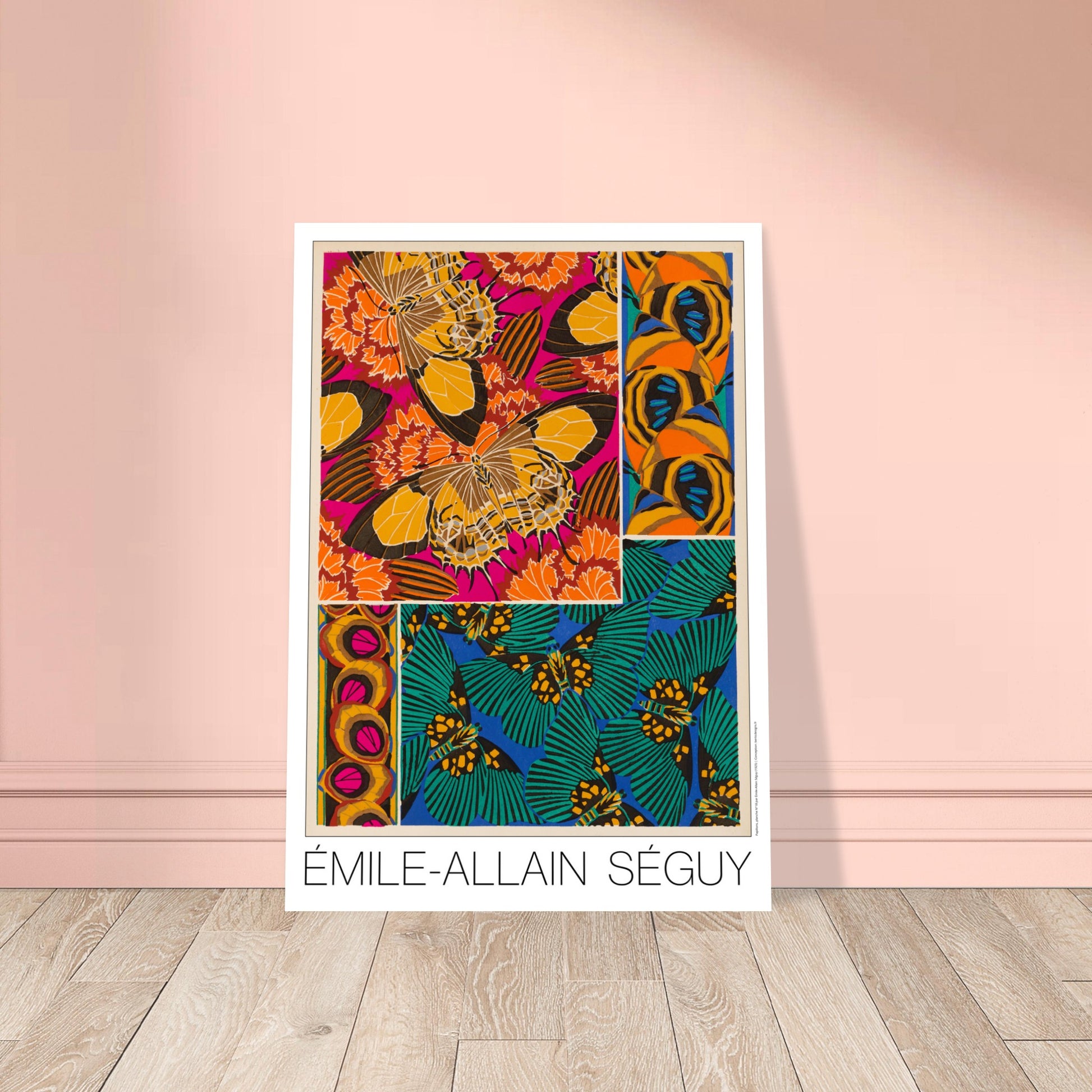 Planche d corative de papillons et motifs floraux, E.A. S guy. Affiche d'Émile-Allain Séguy présentant une composition artistique de motifs de papillons et de fleurs dans des tons vifs d'orange, rose, jaune, vert et bleu. Image d'illustration 8