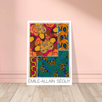 Planche d corative de papillons et motifs floraux, E.A. S guy. Affiche d'Émile-Allain Séguy présentant une composition artistique de motifs de papillons et de fleurs dans des tons vifs d'orange, rose, jaune, vert et bleu. Image d'illustration 8