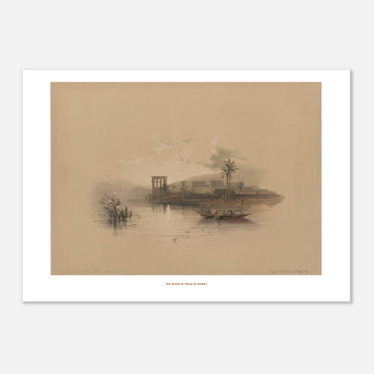L'île de Philæ au coucher du soleil — Planche de David Roberts (29,7x42 cm (A3)). Lithographie représentant l'île de Philæ au coucher du soleil, avec des ruines de temples, des palmiers, des bateaux sur l'eau et des montagnes lointaines.