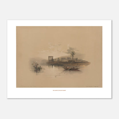 L'île de Philæ au coucher du soleil — Planche de David Roberts (30x40 cm). Lithographie représentant l'île de Philæ au coucher du soleil, avec des ruines de temples, des palmiers, des bateaux sur l'eau et des montagnes lointaines.
