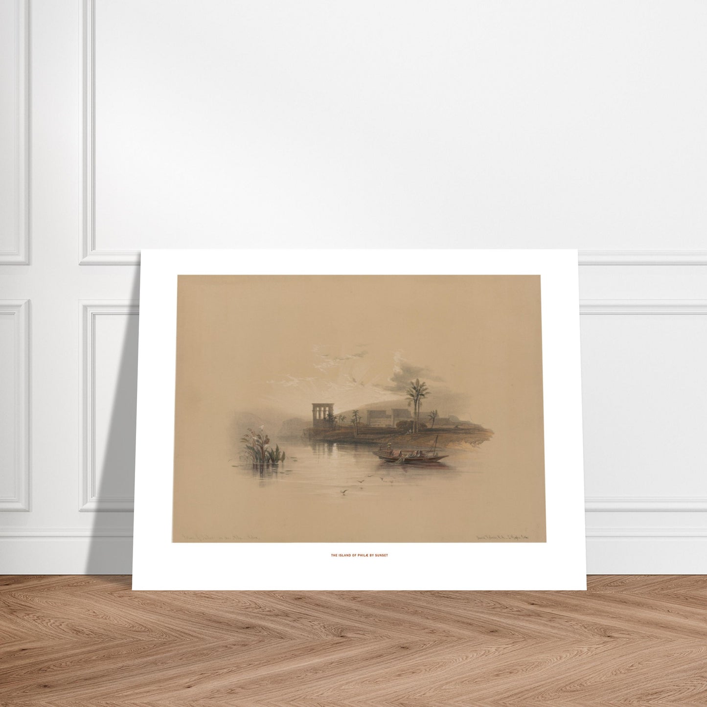 L'île de Philæ au coucher du soleil — Planche de David Roberts. Lithographie représentant l'île de Philæ au coucher du soleil, avec des ruines de temples, des palmiers, des bateaux sur l'eau et des montagnes lointaines. Image d'illustration 7
