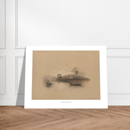 L'île de Philæ au coucher du soleil — Planche de David Roberts. Lithographie représentant l'île de Philæ au coucher du soleil, avec des ruines de temples, des palmiers, des bateaux sur l'eau et des montagnes lointaines. Image d'illustration 7
