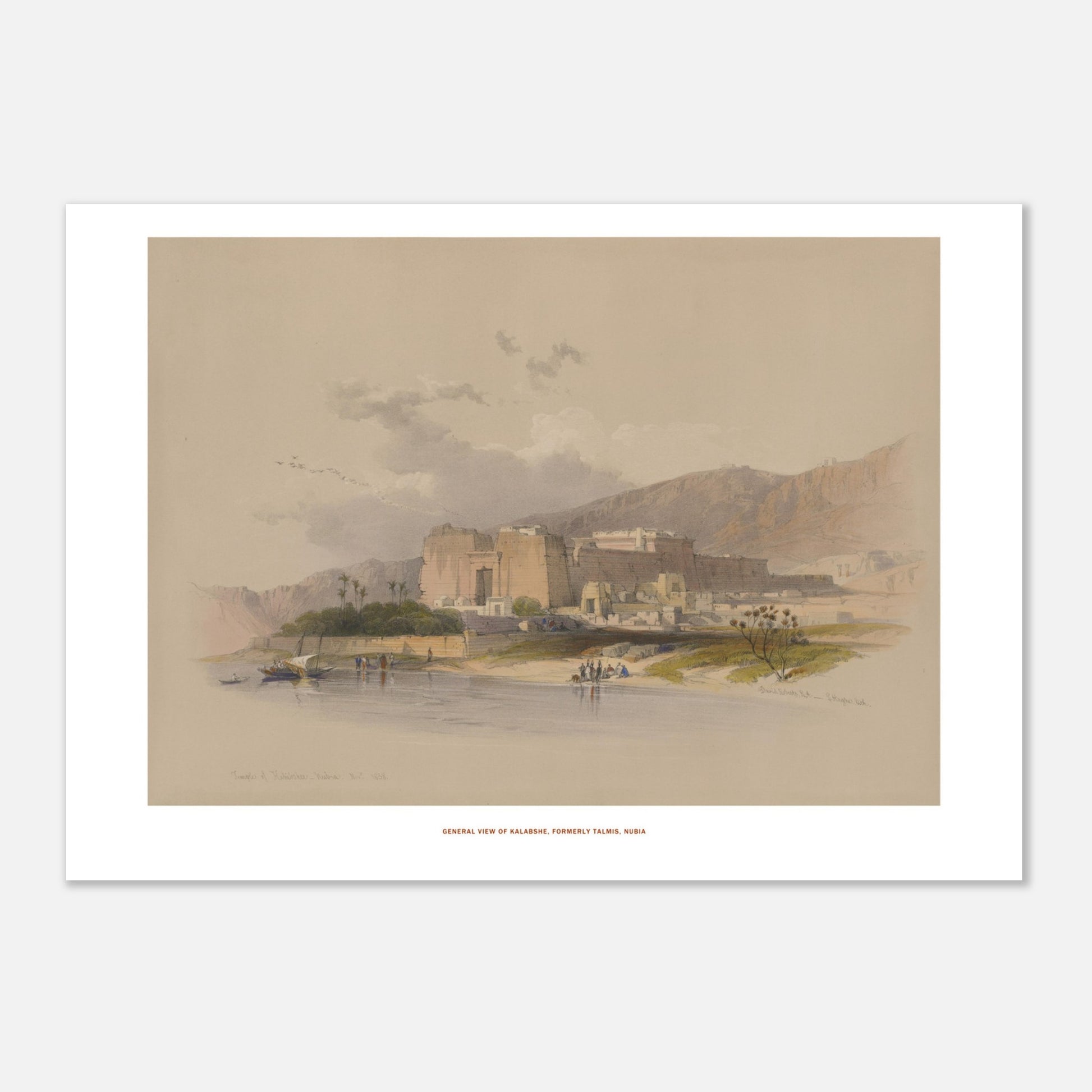 Vue générale de Kalabsha (Talmis), Nubie — Planche de David Roberts (21x29,7 cm (A4)). Lithographie ancienne de la vue générale de Kalabsha, anciennement Talmis, en Nubie, montrant un grand complexe de temples au bord du Nil.