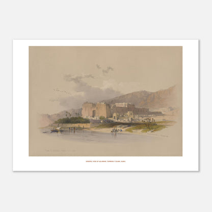 Vue générale de Kalabsha (Talmis), Nubie — Planche de David Roberts (21x29,7 cm (A4)). Lithographie ancienne de la vue générale de Kalabsha, anciennement Talmis, en Nubie, montrant un grand complexe de temples au bord du Nil.