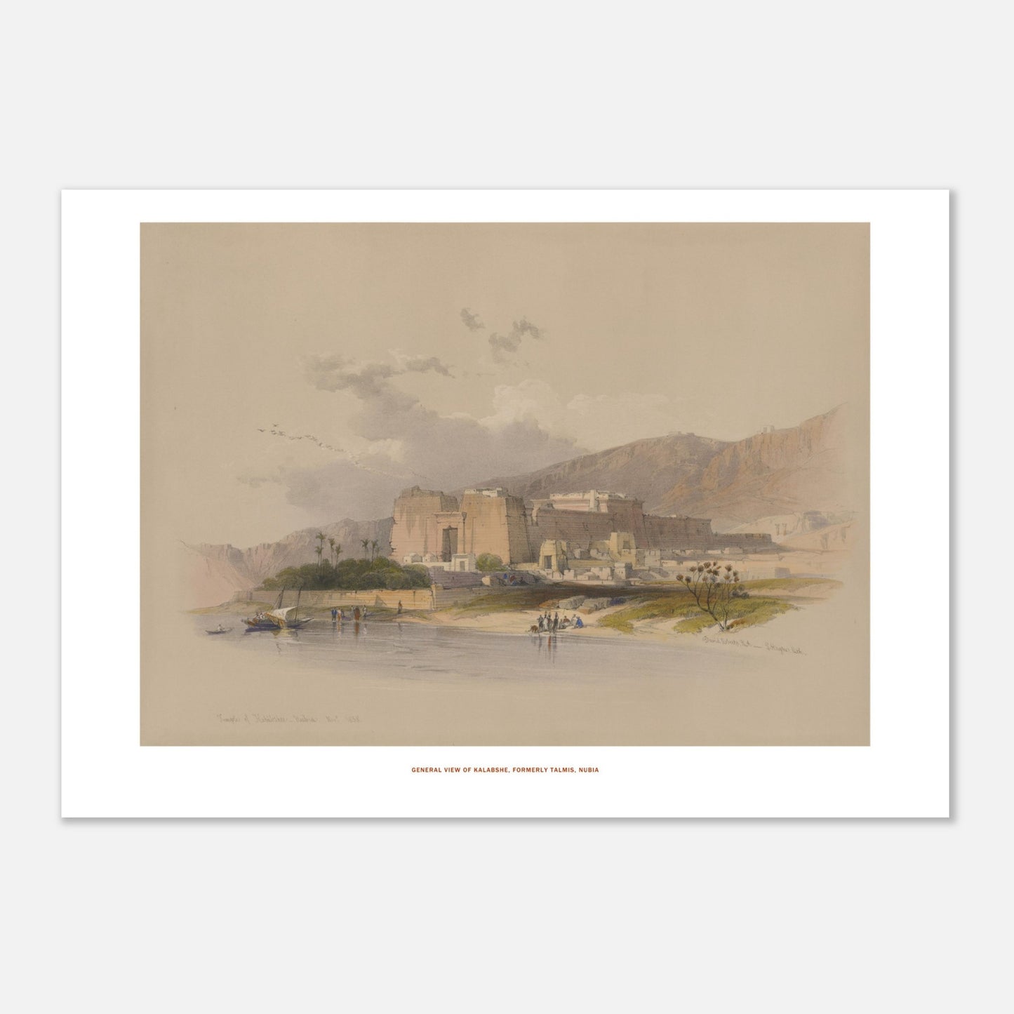 Vue générale de Kalabsha (Talmis), Nubie — Planche de David Roberts (29,7x42 cm (A3)). Lithographie ancienne de la vue générale de Kalabsha, anciennement Talmis, en Nubie, montrant un grand complexe de temples au bord du Nil.
