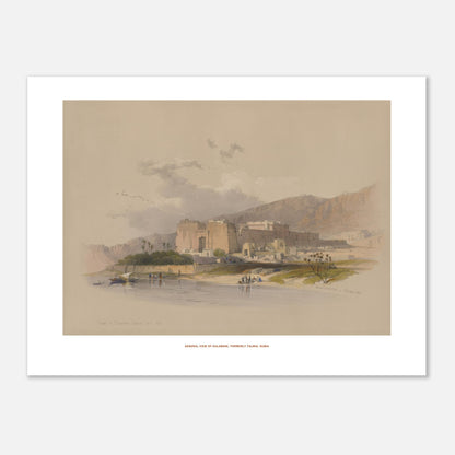 Vue générale de Kalabsha (Talmis), Nubie — Planche de David Roberts (30x40 cm). Lithographie ancienne de la vue générale de Kalabsha, anciennement Talmis, en Nubie, montrant un grand complexe de temples au bord du Nil.