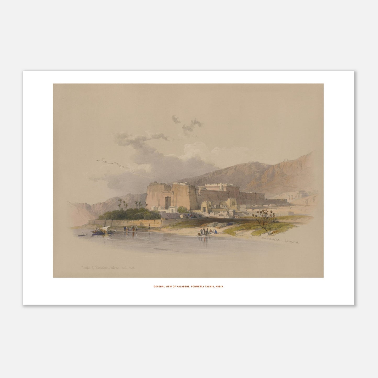 Vue générale de Kalabsha (Talmis), Nubie — Planche de David Roberts (42x59,4 cm (A2)). Lithographie ancienne de la vue générale de Kalabsha, anciennement Talmis, en Nubie, montrant un grand complexe de temples au bord du Nil.