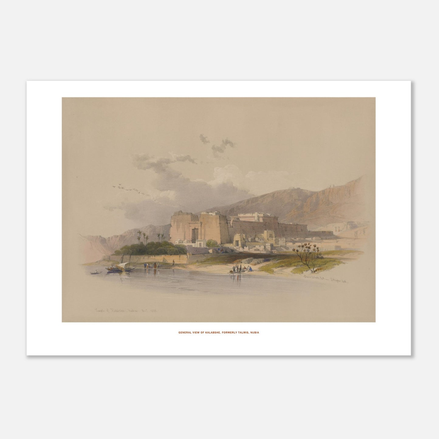 Vue générale de Kalabsha (Talmis), Nubie — Planche de David Roberts (50x70 cm). Lithographie ancienne de la vue générale de Kalabsha, anciennement Talmis, en Nubie, montrant un grand complexe de temples au bord du Nil.
