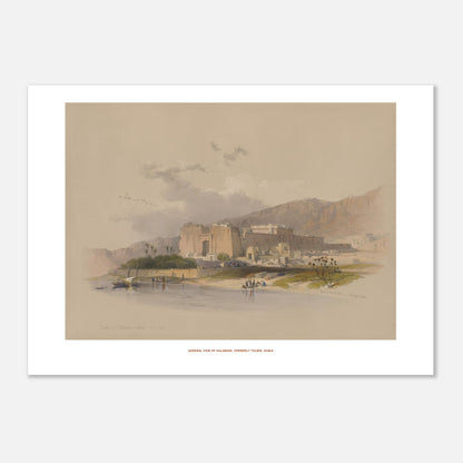 Vue générale de Kalabsha (Talmis), Nubie — Planche de David Roberts (50x70 cm). Lithographie ancienne de la vue générale de Kalabsha, anciennement Talmis, en Nubie, montrant un grand complexe de temples au bord du Nil.