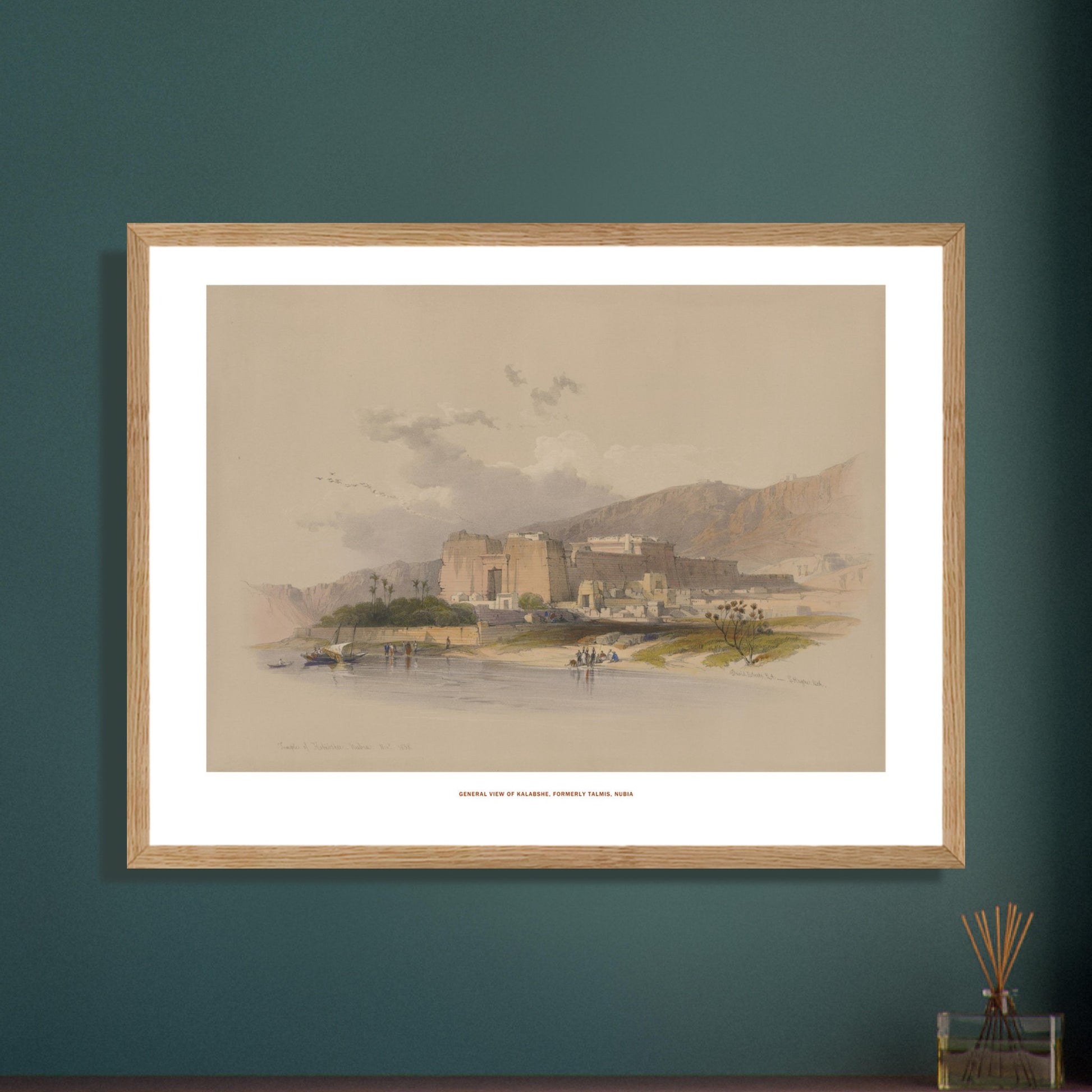Vue générale de Kalabsha (Talmis), Nubie — Planche de David Roberts. Lithographie ancienne de la vue générale de Kalabsha, anciennement Talmis, en Nubie, montrant un grand complexe de temples au bord du Nil. Image d'illustration 6