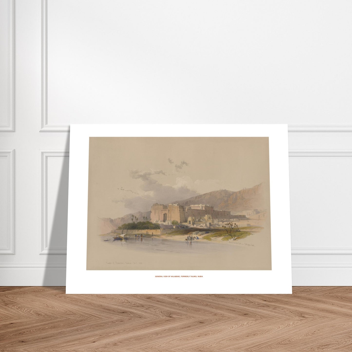 Vue générale de Kalabsha (Talmis), Nubie — Planche de David Roberts. Lithographie ancienne de la vue générale de Kalabsha, anciennement Talmis, en Nubie, montrant un grand complexe de temples au bord du Nil. Image d'illustration 7