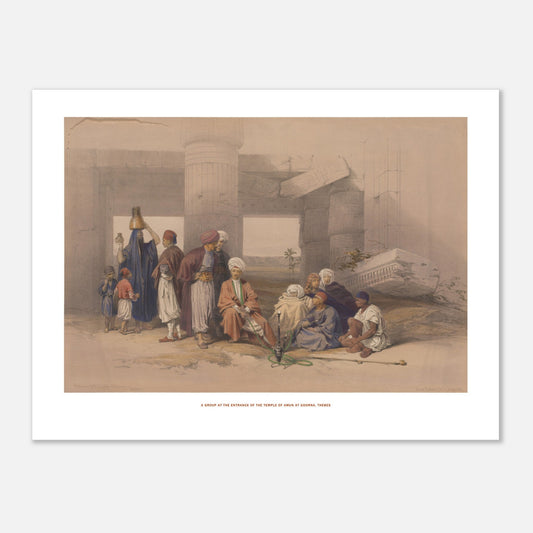 Planche Entr&eacute;e du temple d'Amon &agrave; Gourna, Th&egrave;bes - David Roberts (30x40 cm). Lithographie de David Roberts représentant l'entrée du temple d'Amun à Gourna, Thèbes, avec des colonnes massives et un groupe de personnes assises.