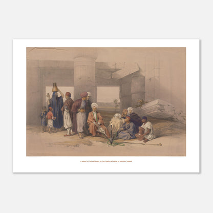 Planche Entr&eacute;e du temple d'Amon &agrave; Gourna, Th&egrave;bes - David Roberts (50x70 cm). Lithographie de David Roberts représentant l'entrée du temple d'Amun à Gourna, Thèbes, avec des colonnes massives et un groupe de personnes assises.