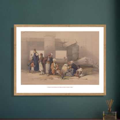 Planche Entr&eacute;e du temple d'Amon &agrave; Gourna, Th&egrave;bes - David Roberts. Lithographie de David Roberts représentant l'entrée du temple d'Amun à Gourna, Thèbes, avec des colonnes massives et un groupe de personnes assises. Image d'illustration 6