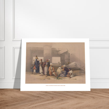 Planche Entr&eacute;e du temple d'Amon &agrave; Gourna, Th&egrave;bes - David Roberts. Lithographie de David Roberts représentant l'entrée du temple d'Amun à Gourna, Thèbes, avec des colonnes massives et un groupe de personnes assises. Image d'illustration 7