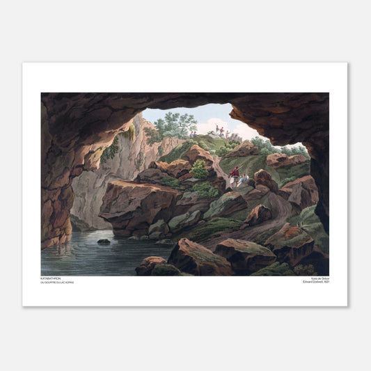 Voragine del Lago Copaide (Katabathron), antica tavola di Edward Dodwell (30x40 cm). Vista dall'ingresso di una grotta rocciosa su un paesaggio esterno con persone e vegetazione.