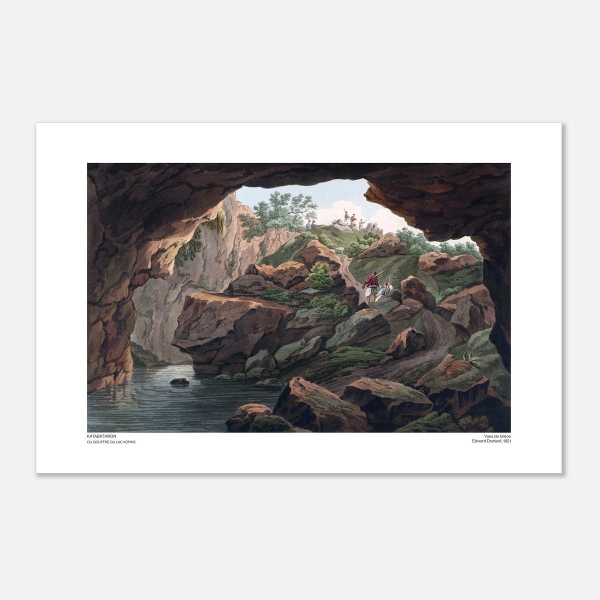 Gouffre du Lac Kopaïs (Katabathron), planche ancienne de Grèce par Edward Dodwell (40x60 cm). Vue depuis l'entrée d'une grotte rocheuse sur un paysage extérieur avec des personnes et de la végétation.
