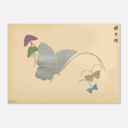 Planche naturaliste grand papillon bleu et fleur - Kamisaka Sekka (29,7x42 cm (A3)). Illustration naturaliste d'un grand papillon aux ailes bleutées et d'une petite fleur mauve aux formes géométriques, sur un fond beige.