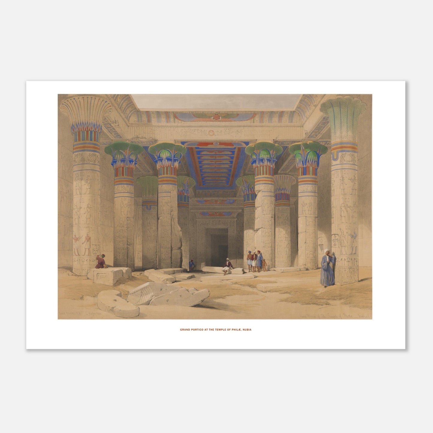 Planche du Grand portique du temple de Phil&aelig;, Nubie - David Roberts (21x29,7 cm (A4)). Lithographie de David Roberts représentant le grand portique du temple de Philæ en Nubie, avec ses colonnes ornées de hiéroglyphes et de figures humaines.